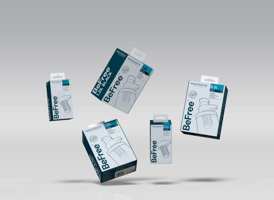 Katadyn BeFree Packaging The photograph shows the new design series of Katadyn's BeFree water filter packaging