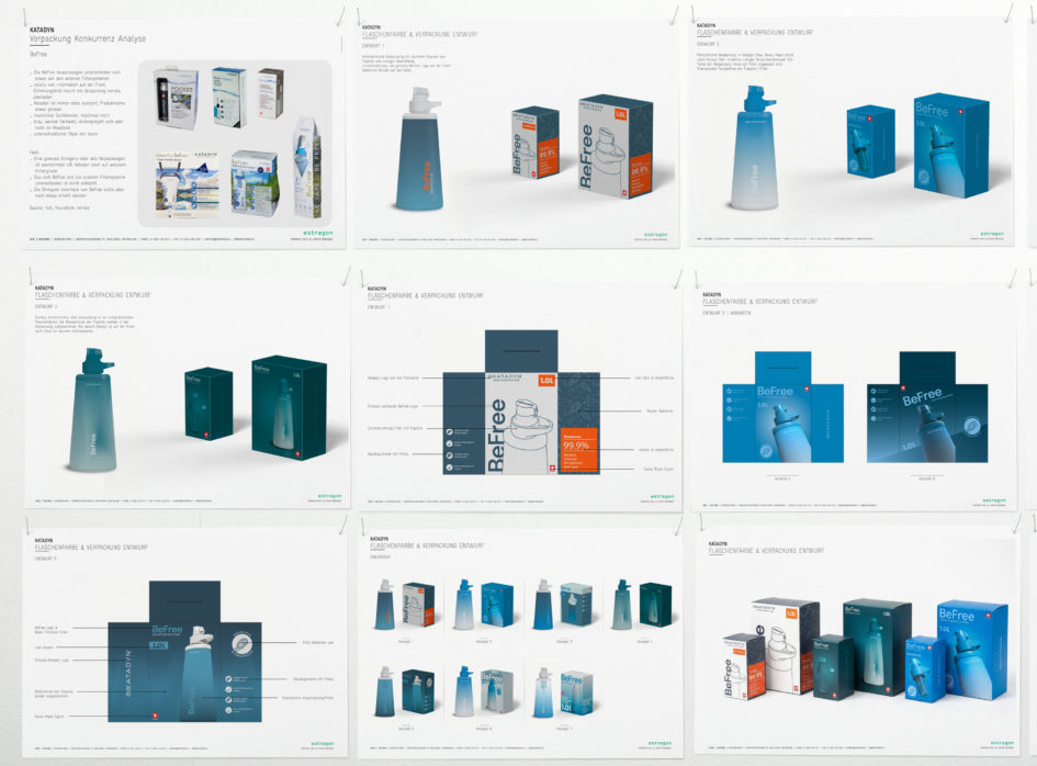 BeFree Design Process Packaging The photograph shows a wall with nine A4 sheets from the packaging presentation for Katadyn