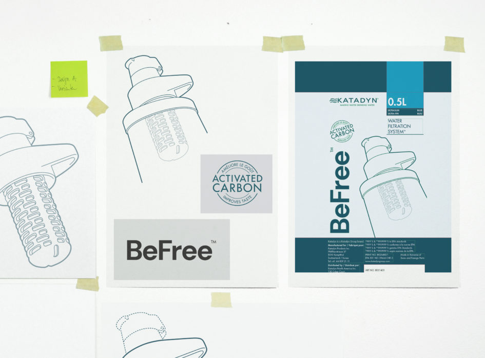 BeFree Packaging Design Process The photograph shows a wall with sheets from the packaging presentation for the Katadyn packaging project