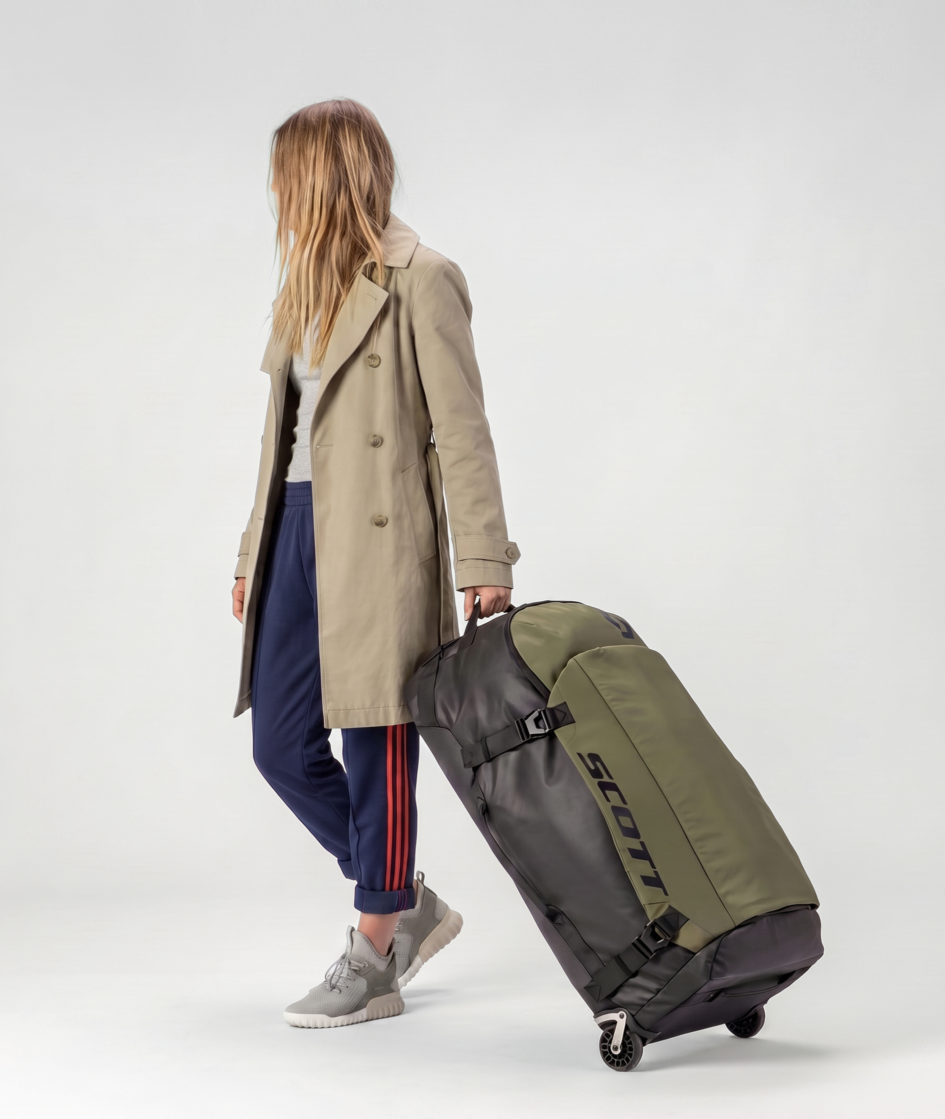 Scott Travel Collection A fashionably dressed woman is carrying a SCOTT wheel duffel bag